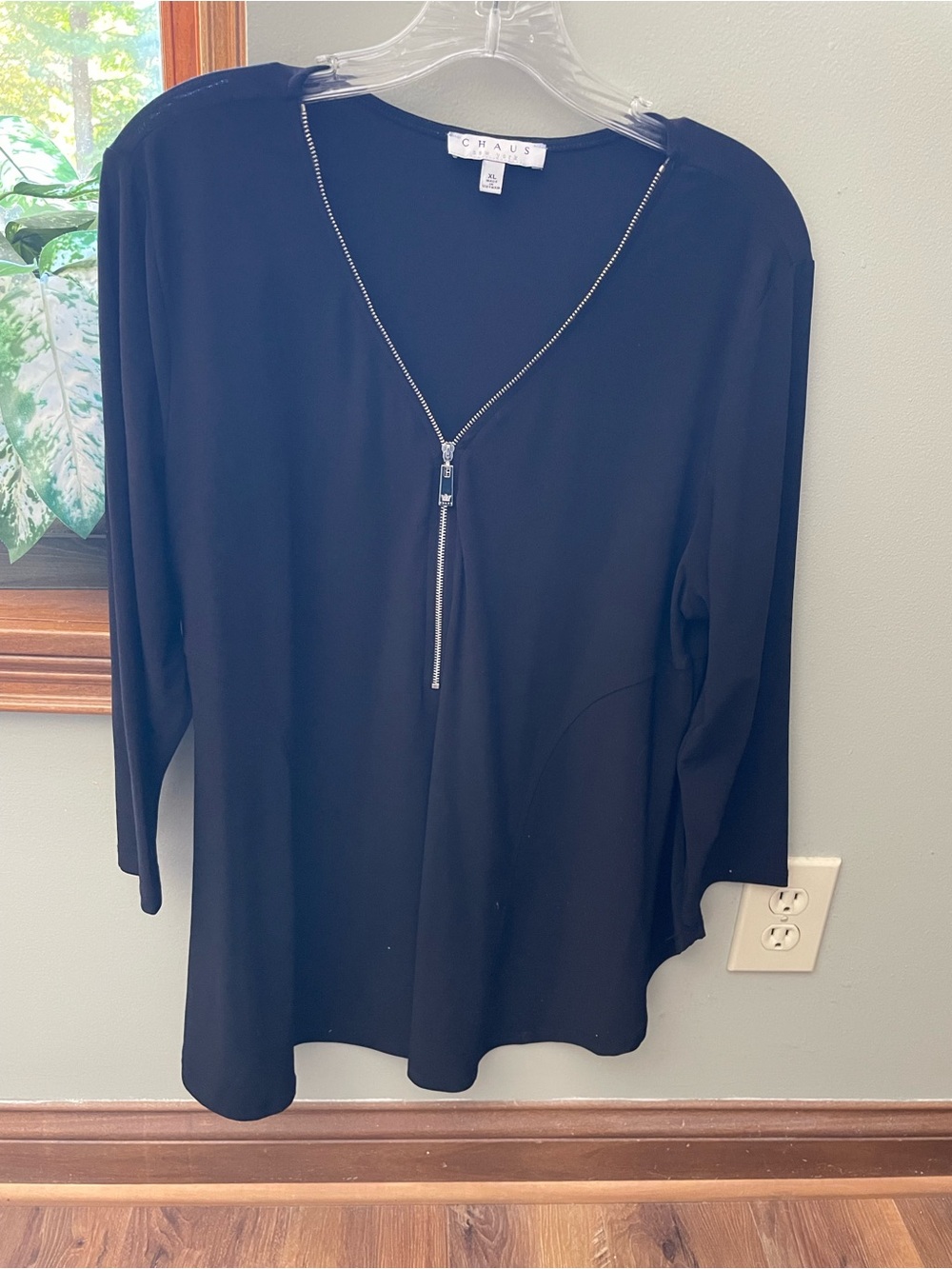 Chaus Black Long-Sleeve V-Neck Top with Silver Zipper